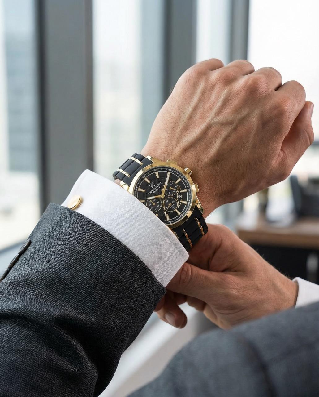 Daniel Klein Exclusive Black and Gold Stainless Steel and Silicone Watch for Men DK.1.14235-3