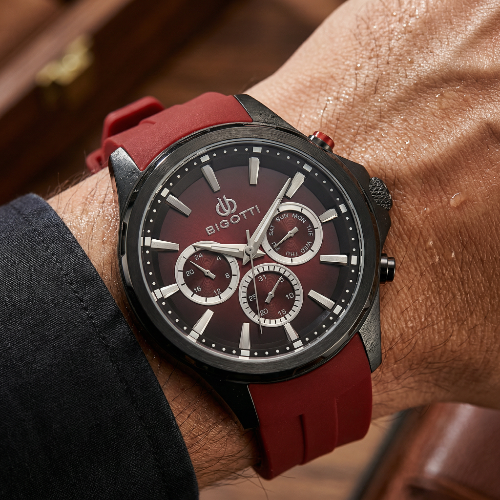 Bigotti Raffinato Dark Red Silicone Band Watch for Men BG.1.10679-5