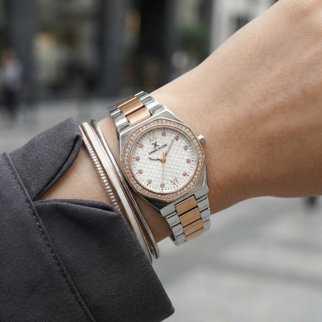 Daniel Klein Premium Silver and Rose Gold Stainless Steel Watch for Women DK.1.14099-6