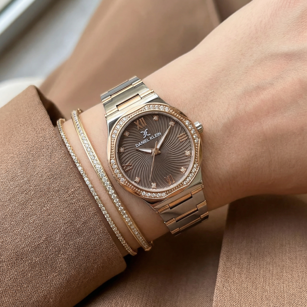 Daniel Klein Premium Silver and Rose Gold Stainless Steel Watch for Women DK.1.14101-6