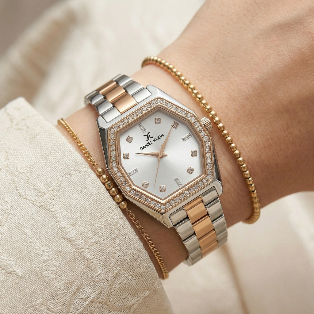 Daniel Klein Premium Silver and Rose Gold Stainless Steel Watch for Women DK.1.14113-6