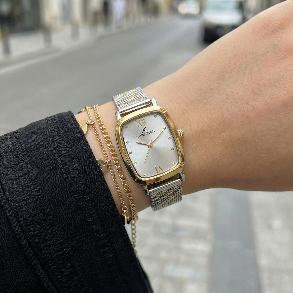 Daniel Klein Premium Silver and Gold Mesh Band Watch for Women DK.1.14125-4