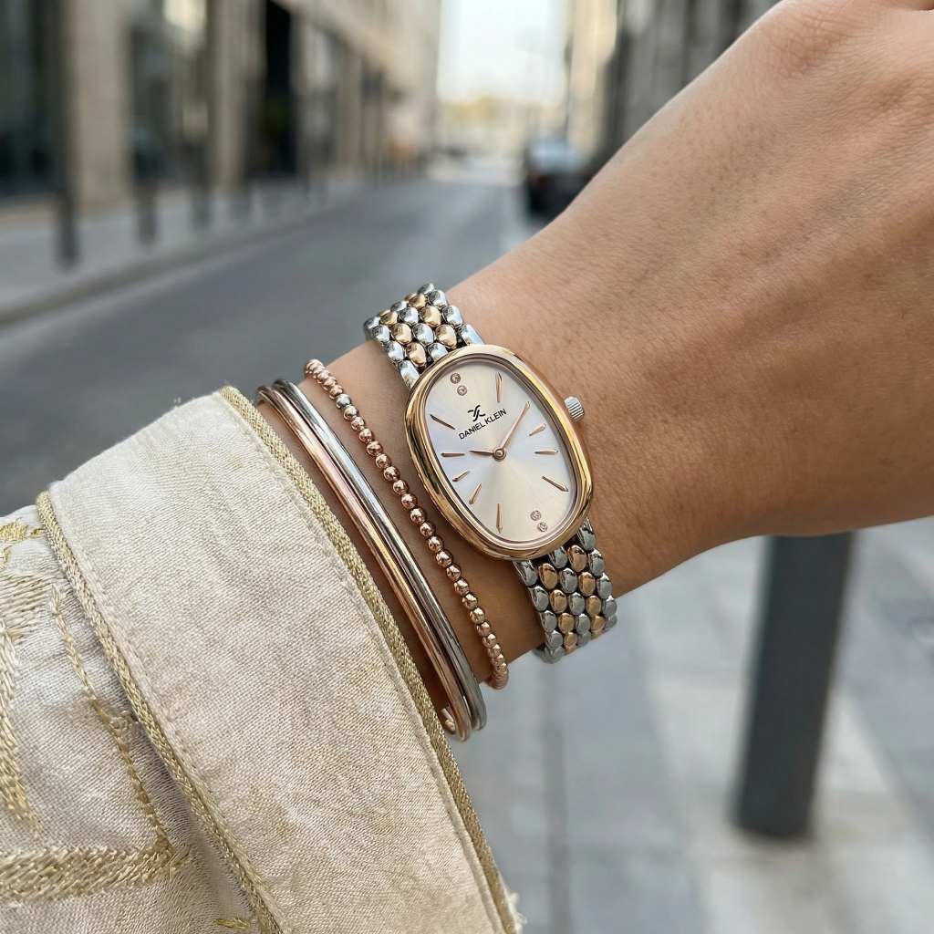 Daniel Klein Premium Silver and Rose Gold Stainless Steel Watch for Women DK.1.14130-6