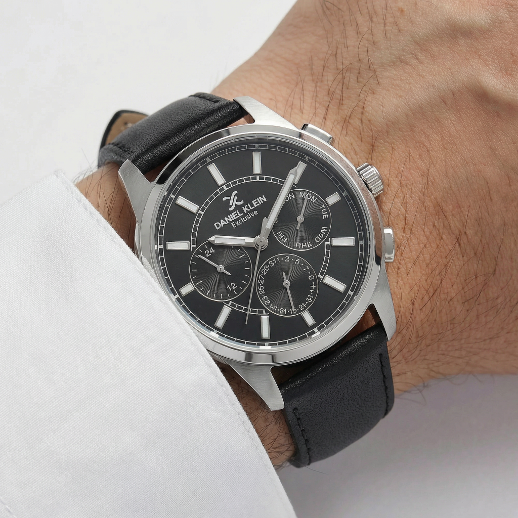 Daniel Klein Exclusive Black Leather Watch for Men DK.1.14209-2