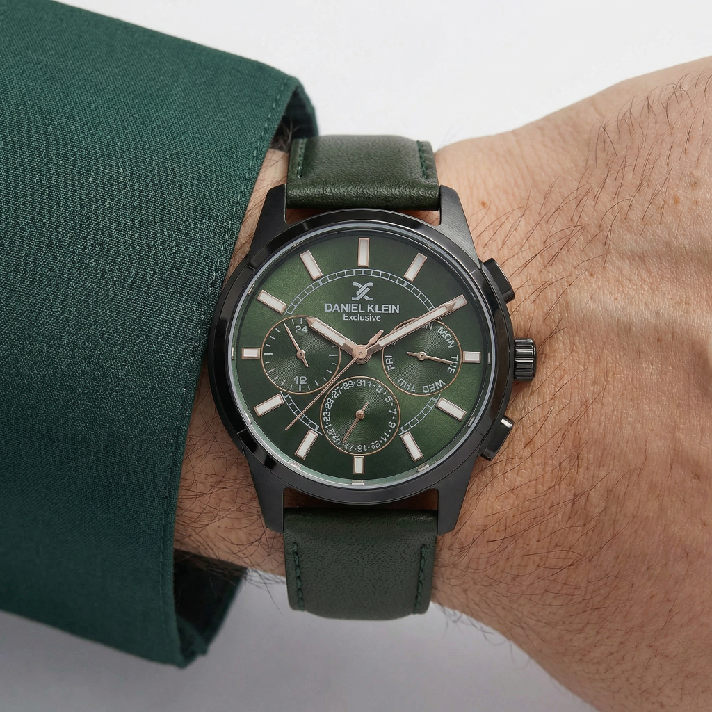 Daniel Klein Exclusive Dark Green Leather Watch for Men DK.1.14209-6