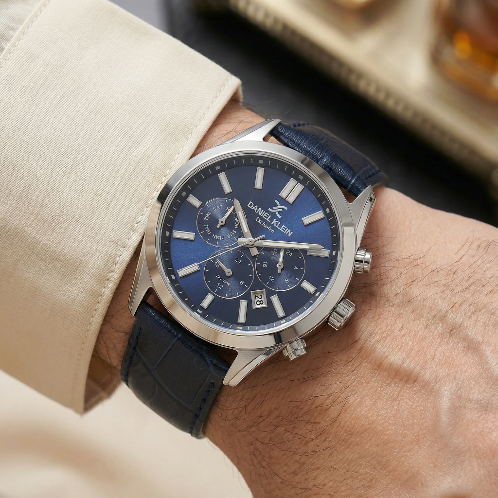 Daniel Klein Exclusive Dark Blue Leather Watch for Men DK.1.14212-3