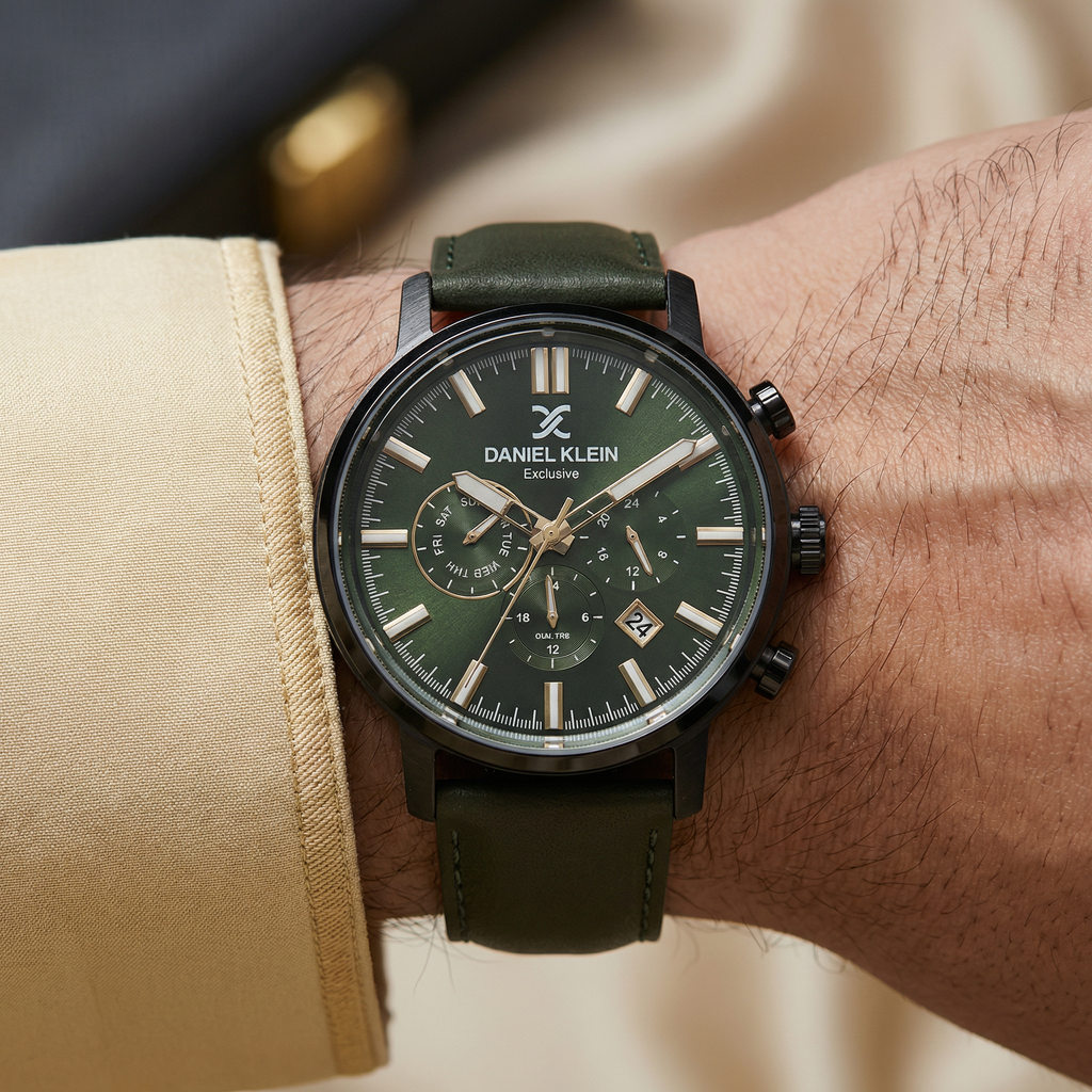 Daniel Klein Exclusive Dark Green Leather Watch for Men DK.1.14229-5