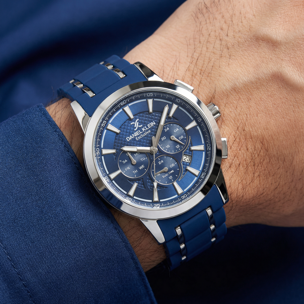 Daniel Klein Exclusive Blue and Silver Stainless Steel and Silicone Watch for Men DK.1.14235-2