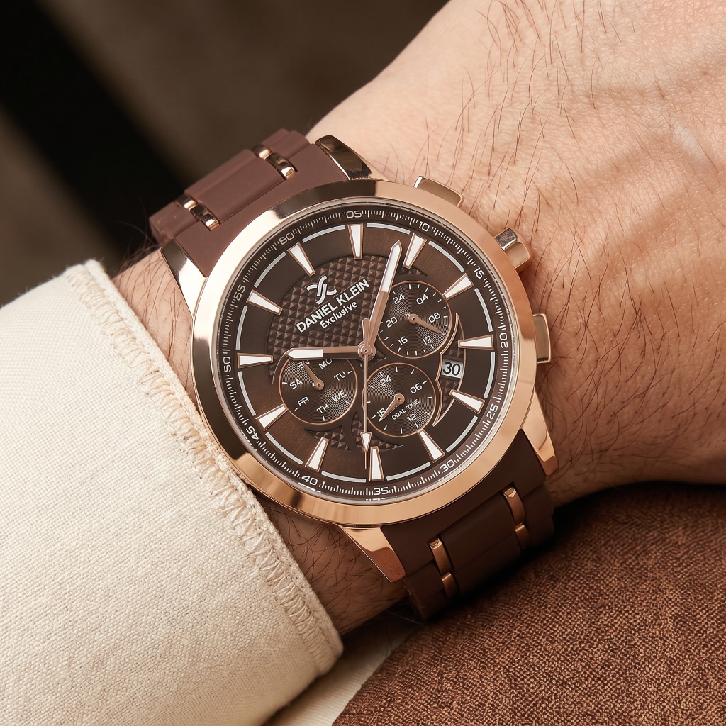 Daniel Klein Exclusive Dark Brown and Rose Gold Stainless Steel and Silicone Watch for Men DK.1.14235-5