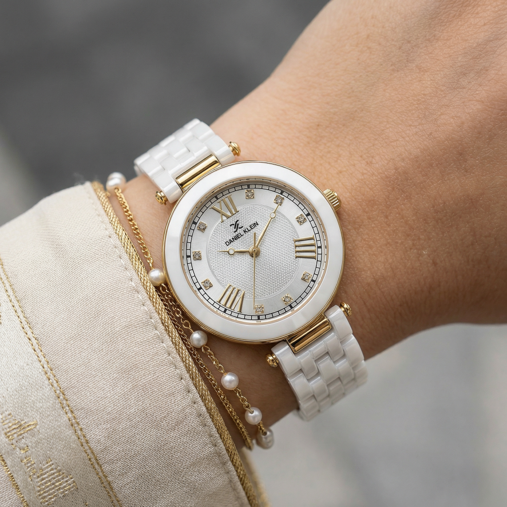 Daniel Klein Premium White Ceramic Band Watch for Women DK.1.14282-4
