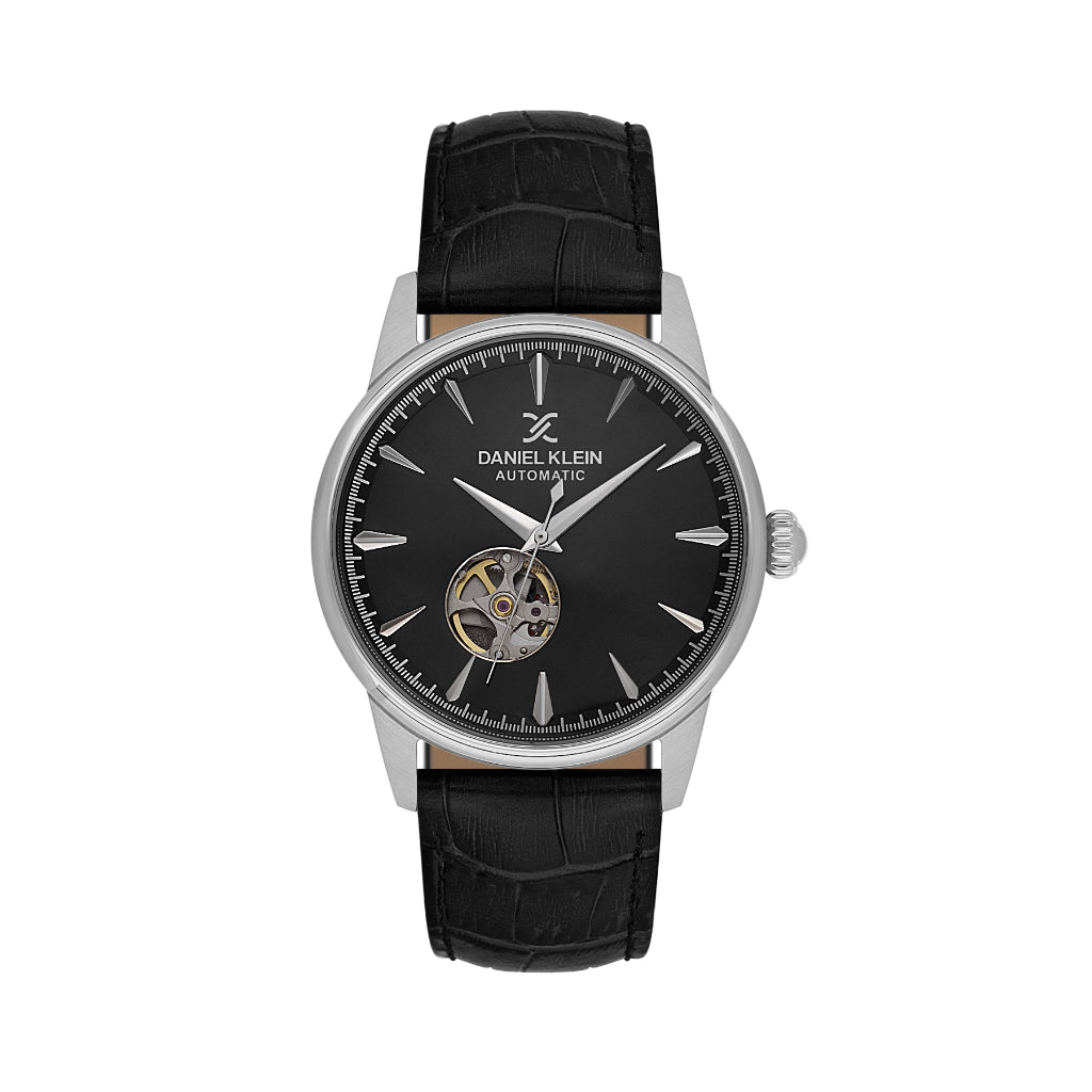 Daniel Klein Skeleton Black Leather Automatic Watch for Men DK.1.14285-2
