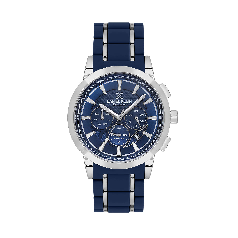 Daniel Klein Exclusive Blue and Silver Stainless Steel and Silicone Watch for Men DK.1.14235-2