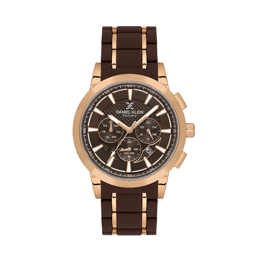 Daniel Klein Exclusive Dark Brown and Rose Gold Stainless Steel and Silicone Watch for Men DK.1.14235-5