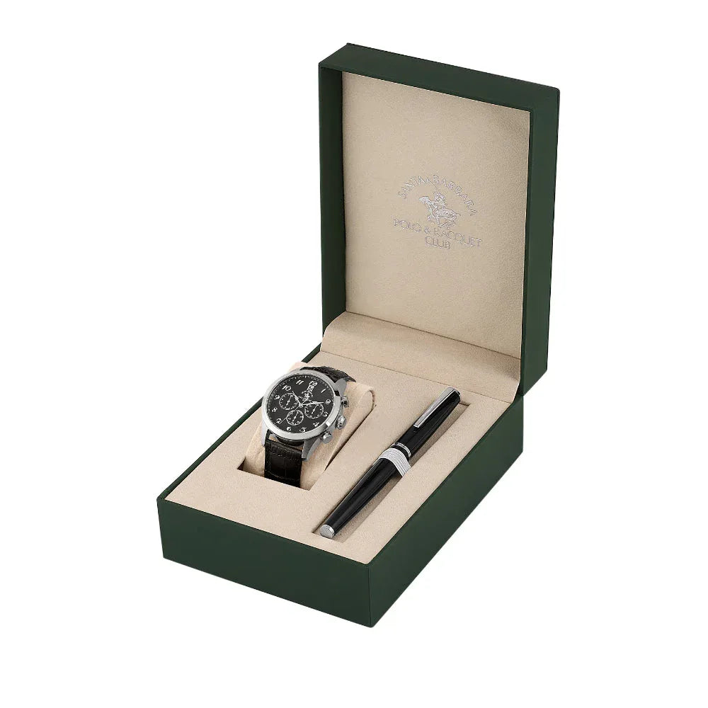 Santa Barbara Polo & Racquet Club Noble Black Genuine Leather Watch and Pen Set for Men SB.1.10551-1 - Daniel Klein Saudi Arabia