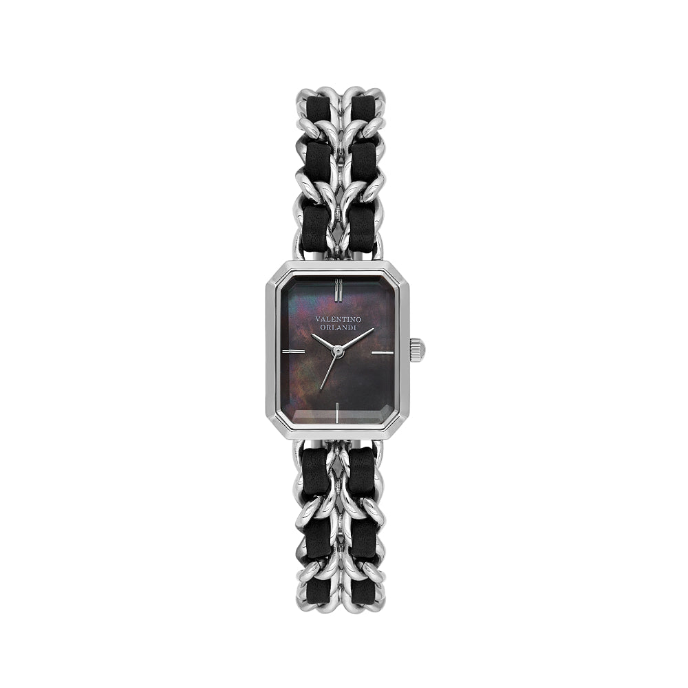 Valentino Orlandi Silver and Black Steel Leather Watch for Women VO.4.10007-1