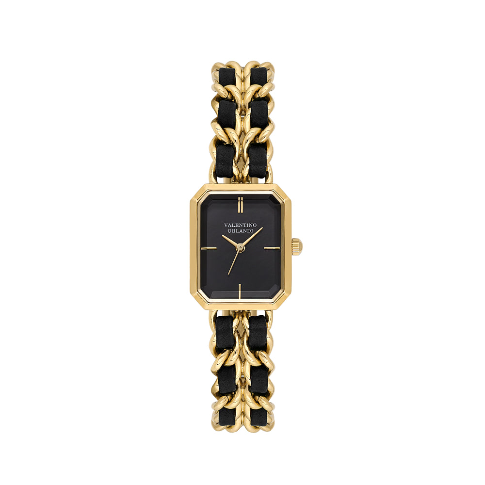 Valentino Orlandi Gold and Black Steel Leather Watch for Women VO.4.10007-3